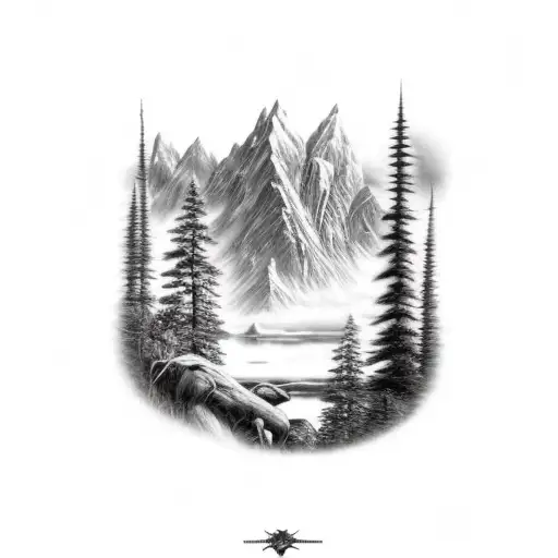Forest infront of Mountains with Capricorn on Top tattoo design idea