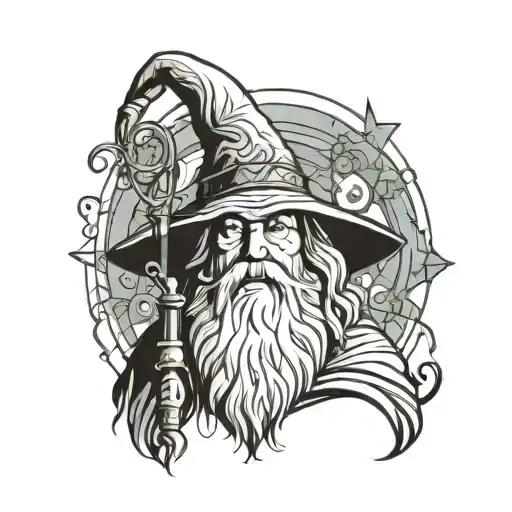 A wise wizard resembling Gandalf with a long beard, standing front-facing. He is holding a pipe, from which thick, swirl tattoo design idea