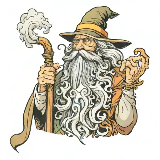 A wise wizard with a long beard, standing front-facing. He is holding a pipe, from which thick, the smoke turns a dragon tattoo design idea