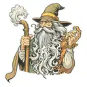 A wise wizard with a long beard, standing front-facing. He is holding a pipe, from which thick, the smoke turns a dragon tattoo design idea