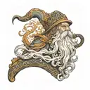 A wise wizard with a long beard, standing front-facing. He is holding a pipe, from which thick, the smoke turns a dragon tattoo design idea