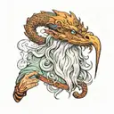 A wise wizard with a long beard, standing front-facing. He is holding a pipe, from which thick, the smoke turns a dragon tattoo design idea