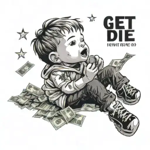 A little boy looking up at the sky filled with dollar bills with the words get rich or die tryin at the bottom  tattoo design idea