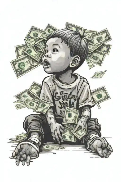 A little boy looking up at the sky filled with dollar bills with the words get rich or die tryin at the bottom  tattoo design idea