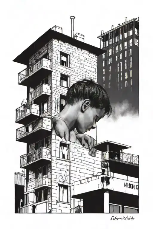 A little boy looking up  at a tall apartment building and a dedication quote on the bottom tattoo design idea