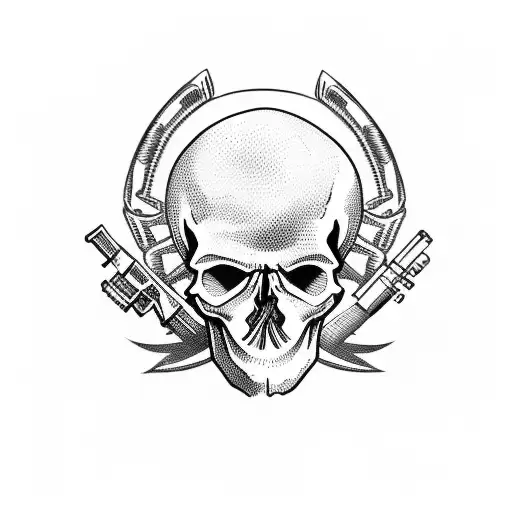 skull whit a  gun shaped hand entry in the skull  tattoo design idea