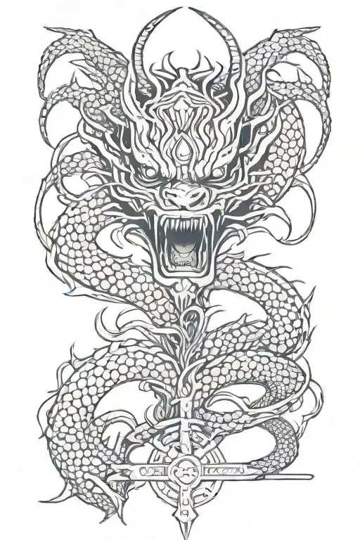 dragon face, katanas, spider legs tattoo design idea