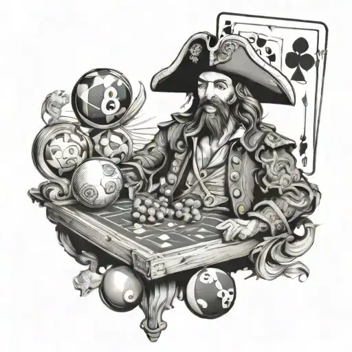 A playful tattoo of Captain Morgan playing cards with billiard balls as his opponents, all set against a backdrop of a pirate ship tattoo design idea