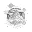 A celestial scene with the name 'Aurora' written in elegant script tattoo design idea