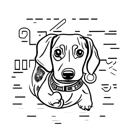 A minimalist tattoo of a dachshund wearing a black belt in jiu-jitsu, surrounded by numbers symbolizing different techniques tattoo design idea