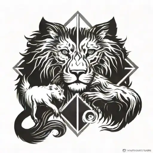 A lion and a wolf intertwined in a yin and yang symbol, symbolizing balance and harmony between two powerful forces tattoo design idea