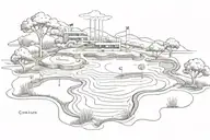 A surrealistic interpretation of a golf course, with hidden messages of the letters I 8 M throughout the scene tattoo design idea