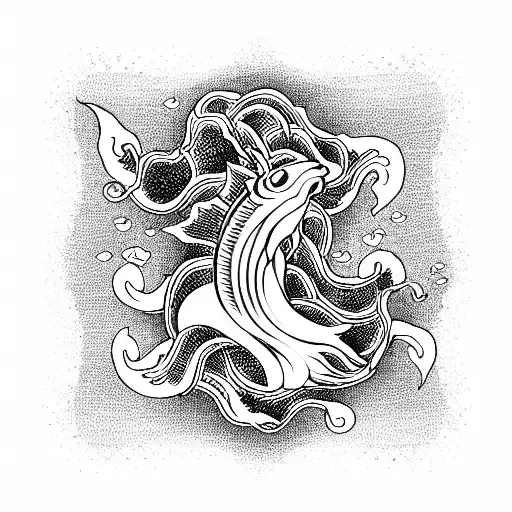 full blackwork, japanese, oni, waves, hand of sleeve, carp colored  tattoo design idea