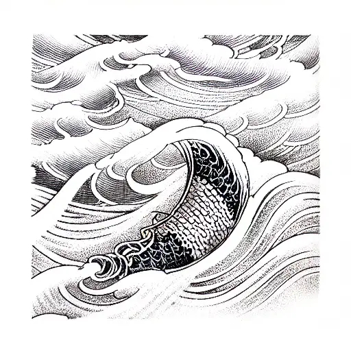 blackwork, waves, hand of sleeve, carp colored  tattoo design idea