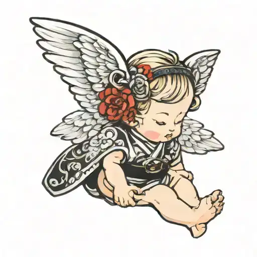 Baby angel with hair headed, kimono and black belt tattoo design idea