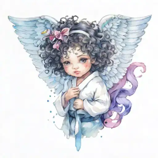 Curly haired angel baby  black belt jiujtsu gi  tattoo design idea