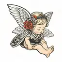 Baby angel with hair headed, kimono and black belt tattoo design idea