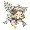 Baby angel with hair headed, kimono and black belt tattoo design idea