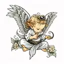 Baby angel with hair headed, kimono and black belt tattoo design idea