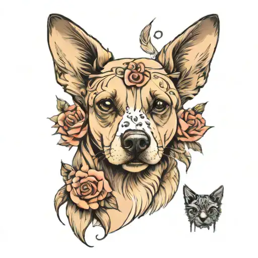 feminine dog memorial sleeve with portrait and paw/nose print  tattoo design idea