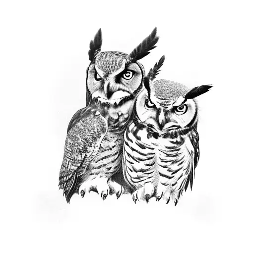 Create an image featuring two majestic Great Horned Owls perched regally on the sturdy branches of a tall tree. The owls tattoo design idea