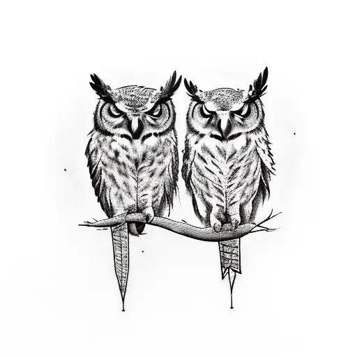 Create an image featuring two majestic Great Horned Owls perched regally on the sturdy branches of a tall tree. The owls tattoo design idea