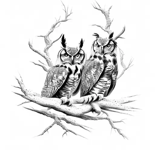 Create an image featuring two majestic Great Horned Owls perched regally on the sturdy branches of a tall tree. The owls tattoo design idea