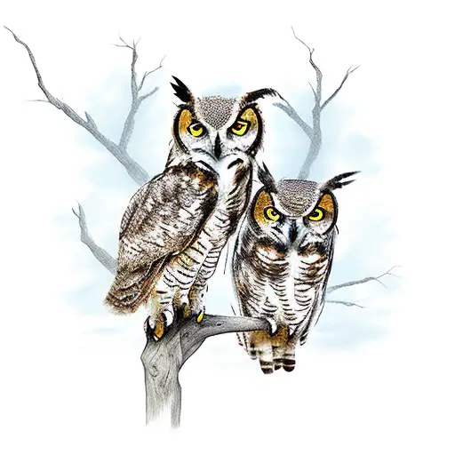 Create an image featuring two majestic Great Horned Owls perched regally on the sturdy branches of a tall tree. The owls tattoo design idea