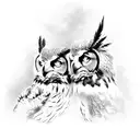 Create an image featuring two majestic Great Horned Owls perched regally on the sturdy branches of a tall tree. The owls tattoo design idea