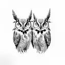Create an image featuring two majestic Great Horned Owls perched regally on the sturdy branches of a tall tree. The owls tattoo design idea
