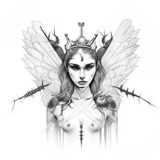Feminine warrior with bee wings and a crown of thorns tattoo design idea