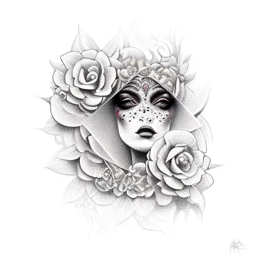 A dark feminine goddess emerging from a bed of luxurious flowers tattoo design idea