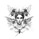 Feminine warrior with bee wings and a crown of thorns tattoo design idea