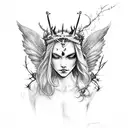 Feminine warrior with bee wings and a crown of thorns tattoo design idea