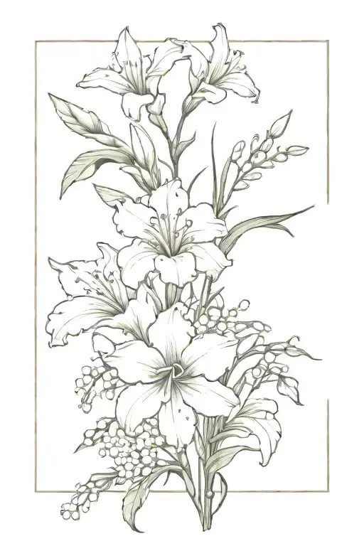 flower bouquet gladiolus, hawthorn, lily of the valley, daisy, and iris  tattoo design idea