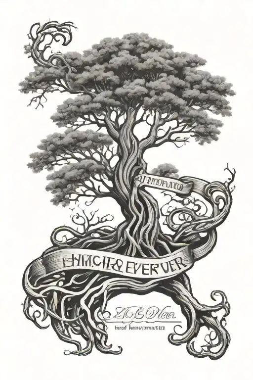 tree with roots and the text: because from him and through him and to him are all things; to him be the glory forever and ever; amen tattoo design idea