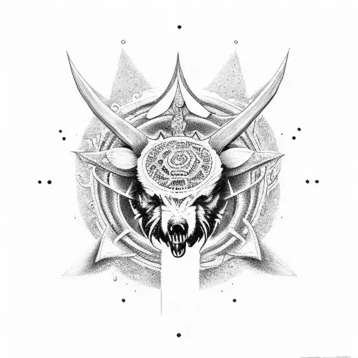 lobo triángulos, hexágono, ancla, reloj y brújula tattoo design idea