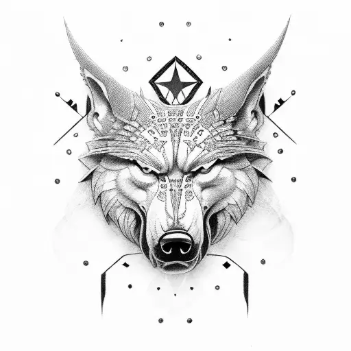 lobo con triángulos, anclas, reloj y brújula tattoo design idea