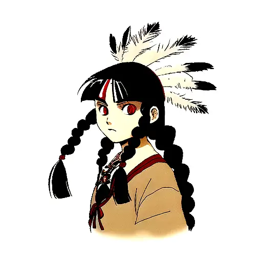 Native American girl with braids, feather on his head and red eye makeup , looking front tattoo design idea