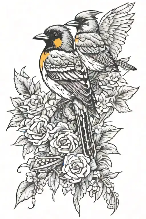 thigh tattoo with an adult male oriole, adult female robin, and baby male cardinal with angel number 6565 tattoo design idea