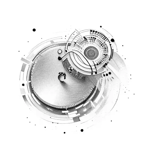 A drum and bass DJ mixing records with colorful sound waves surrounding them tattoo design idea