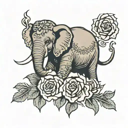 elephant and roses tattoo design idea