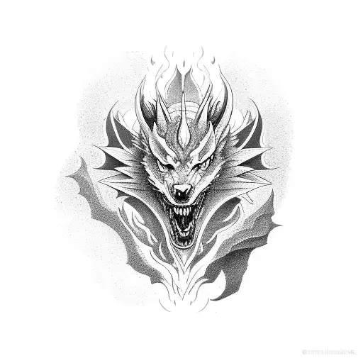 Combine a dragon and a wolf in a powerful and dynamic design tattoo design idea