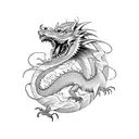 Combine a dragon and a wolf in a powerful and dynamic design tattoo design idea