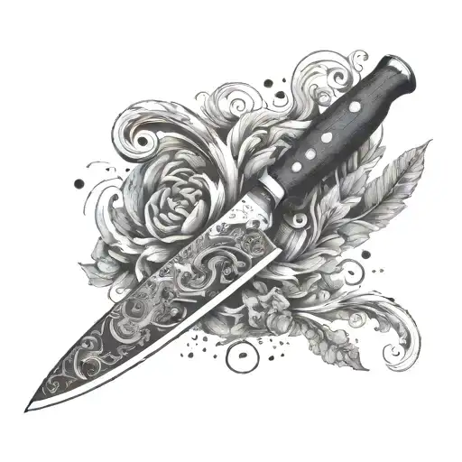 A chef's knife with a blade made of swirling galaxies, symbolizing the vastness of the universe and the insignificance of human existence tattoo design idea