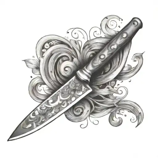 A chef's knife with a blade made of swirling galaxies, symbolizing the vastness of the universe and the insignificance of human existence tattoo design idea