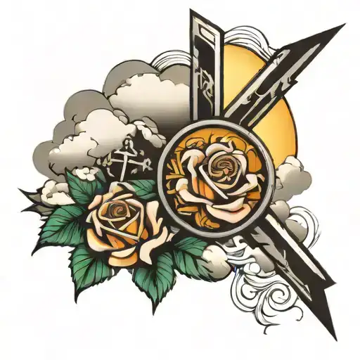 cross and rosses surrounded by clouds and sun rays  tattoo design idea