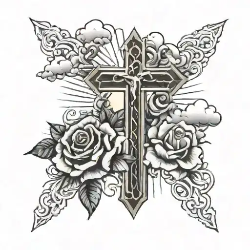 cross and rosses surrounded by clouds and sun rays  tattoo design idea