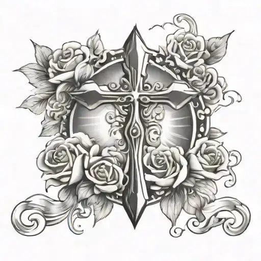 cross and rosses surrounded by clouds and sun rays  tattoo design idea