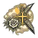 cross and rosses surrounded by clouds and sun rays  tattoo design idea